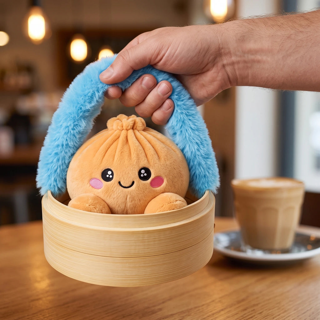 Hand carrying the Tangerine Orange Dumpling Squishy Plush in its steamer case by the fluffy handle