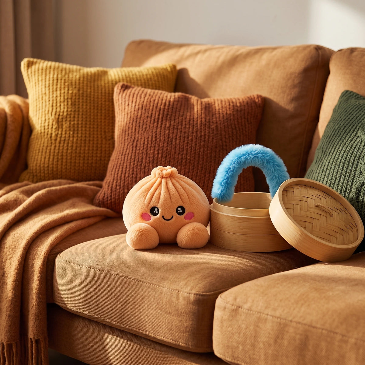 Tangerine Orange Dumpling Squishy Plush displayed on a cozy sofa beside its open steamer