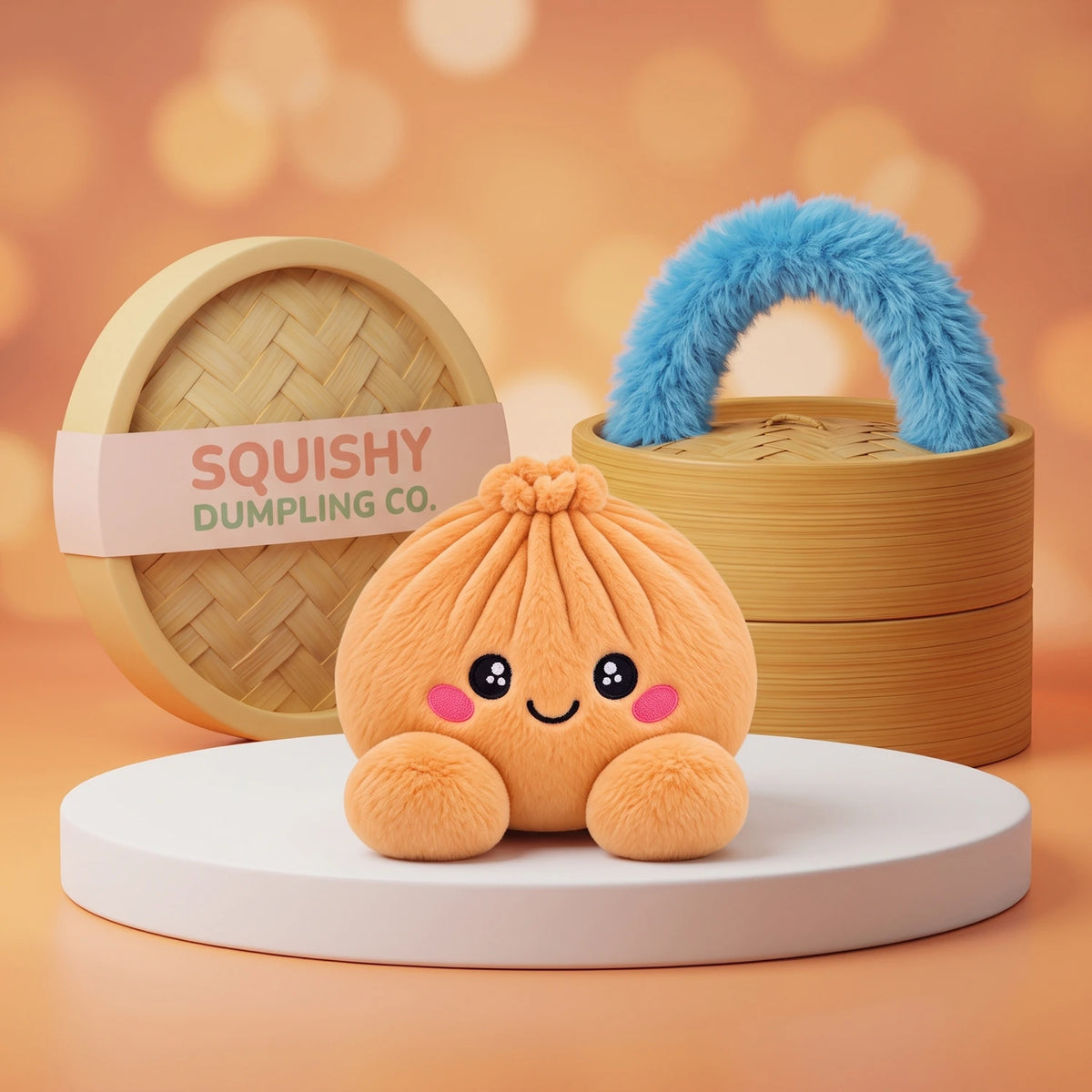 Tangerine Orange Dumpling Squishy Plush on a white studio podium beside a steamer basket