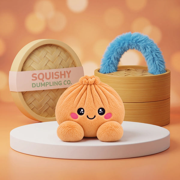 Tangerine Orange Dumpling Squishy Plush on a white studio podium beside a steamer basket