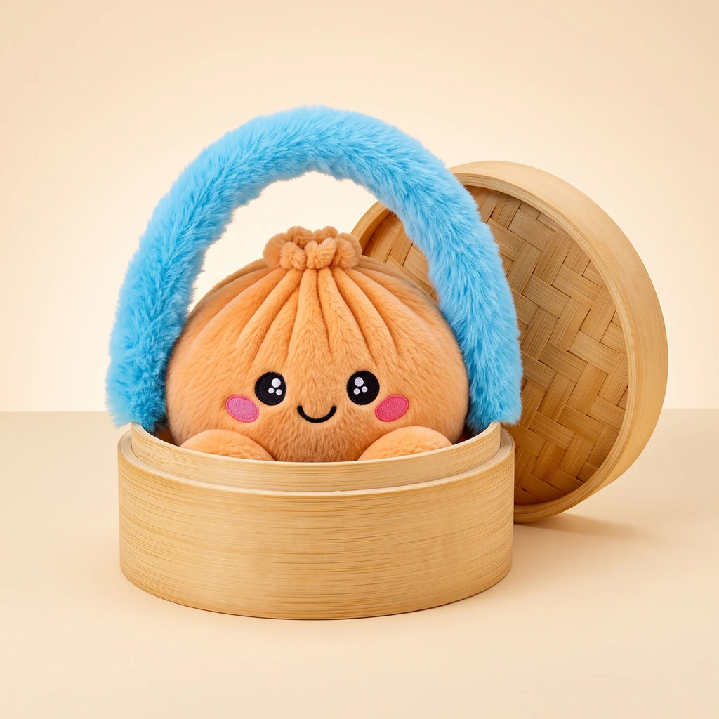 Tangerine Orange Dumpling Squishy Plush sitting in its bamboo steamer carry case with a fluffy blue handle