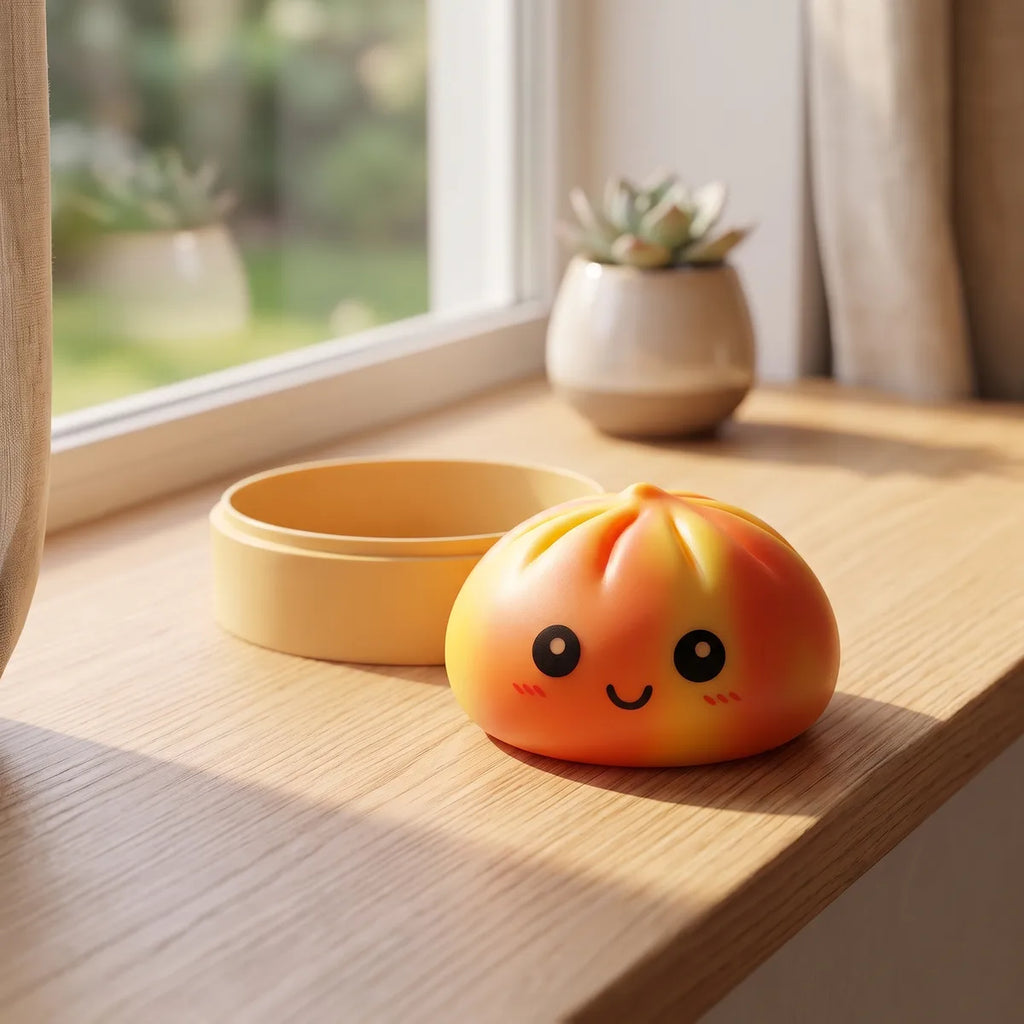 Orange tie dye dumpling squishy displayed in a warm toned lifestyle scene