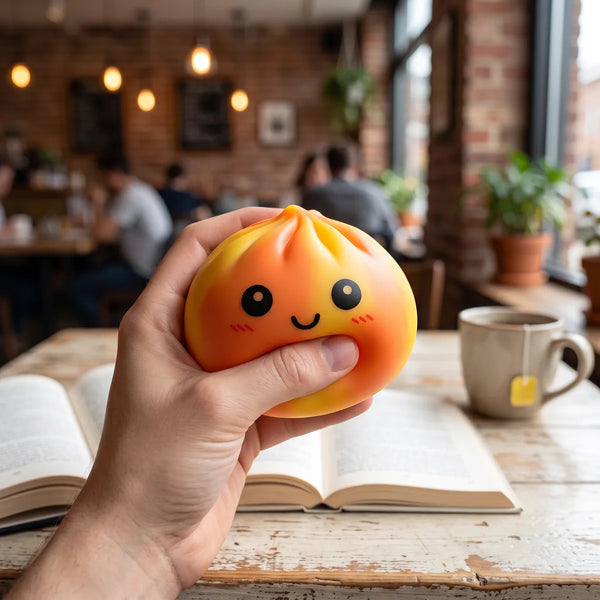Person squeezing the orange tie dye dumpling squishy as a desk fidget toy