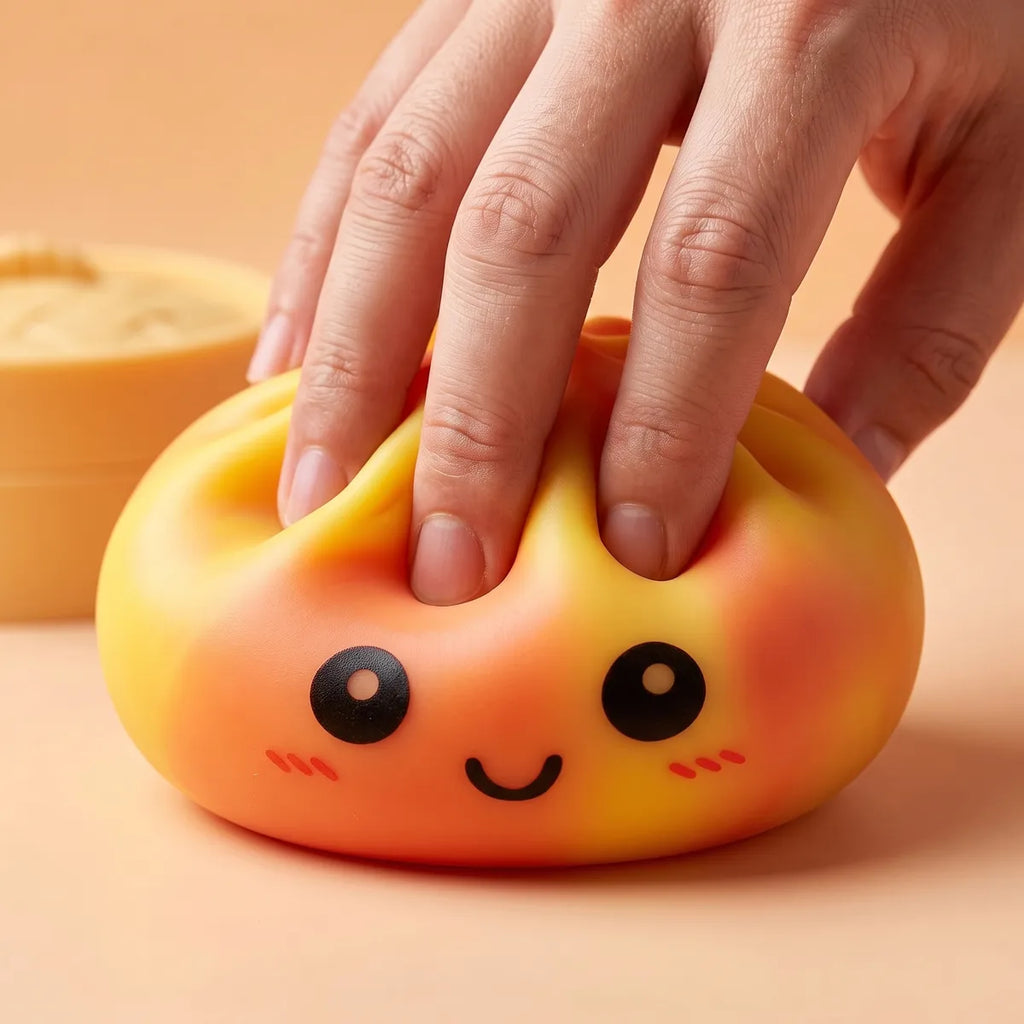 Orange tie dye dumpling squishy squeezed flat between two fingers before it slowly rises back