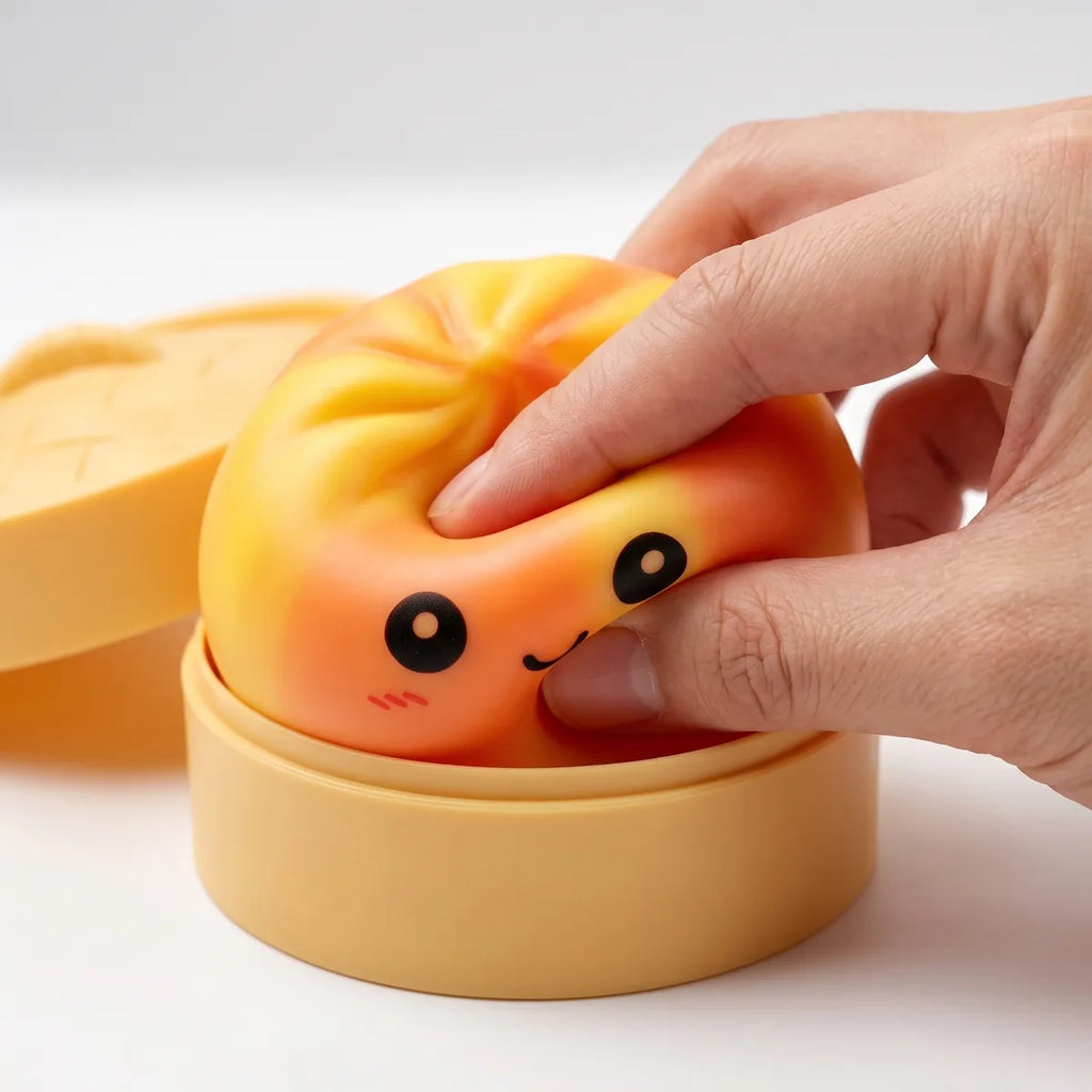 Close up of the glossy soft TPR skin of the orange tie dye dumpling squishy under pressure