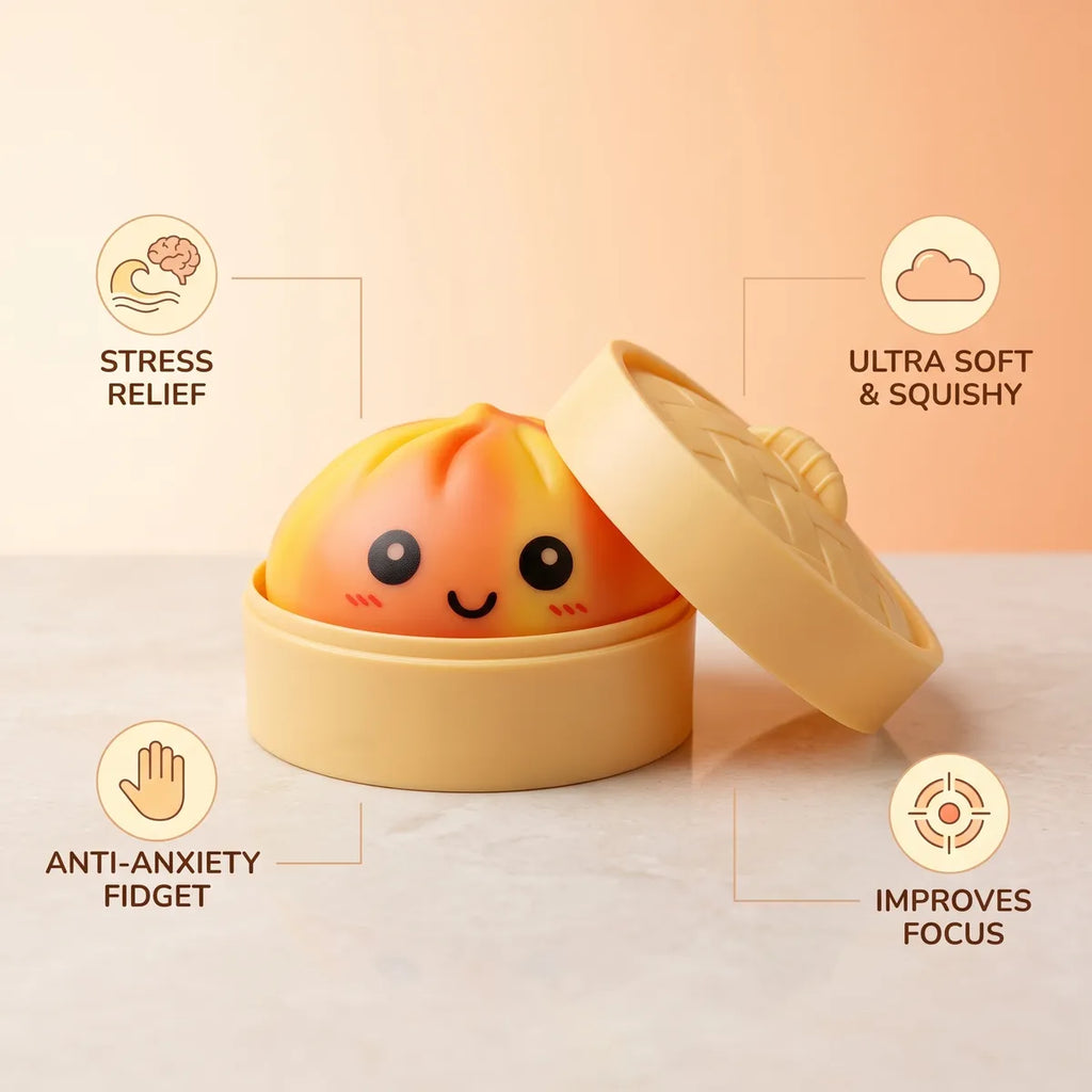Orange tie dye dumpling squishy shown with stress relief and focus benefit icons