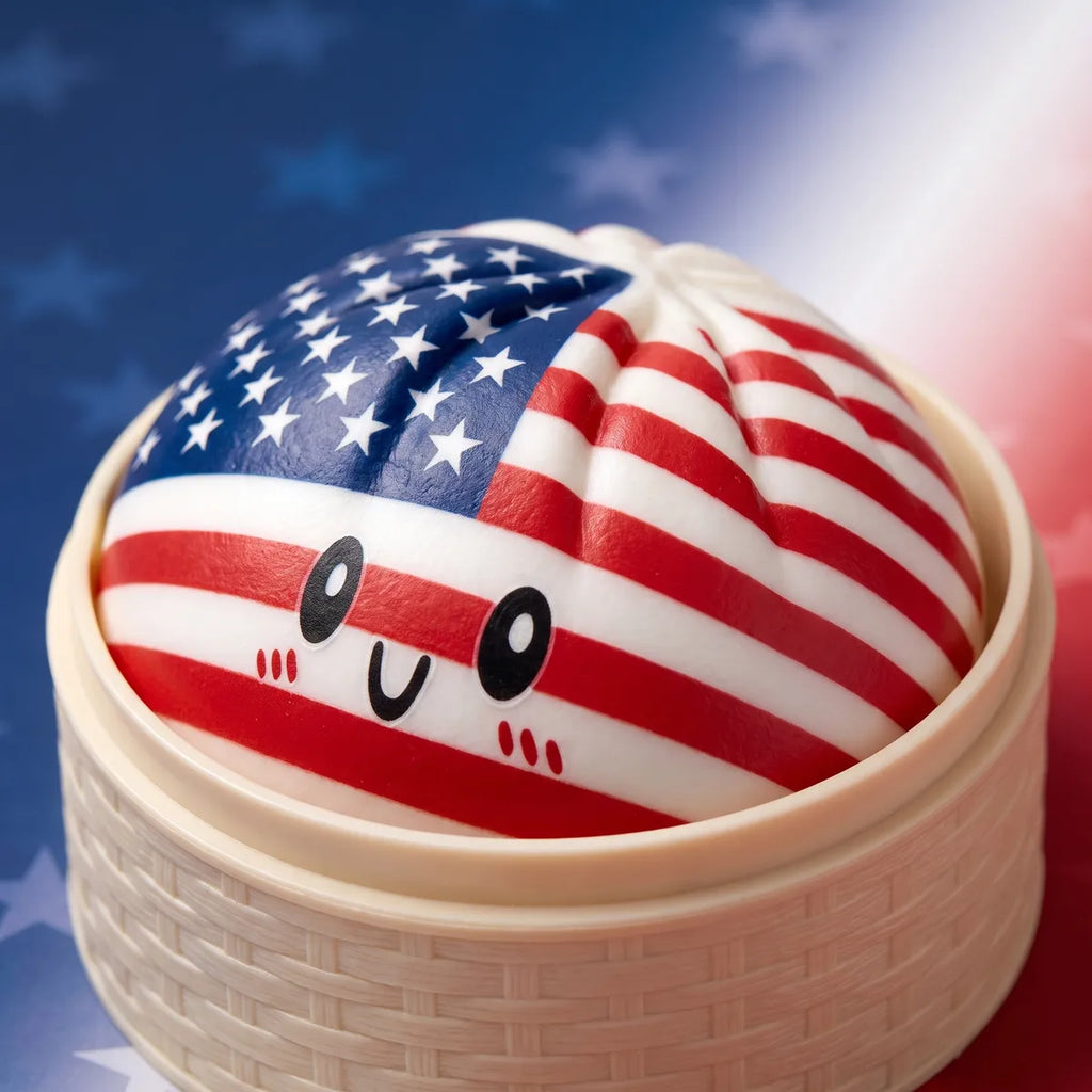 Patriotic 4th July dumpling squishy resting inside its mini bamboo steamer