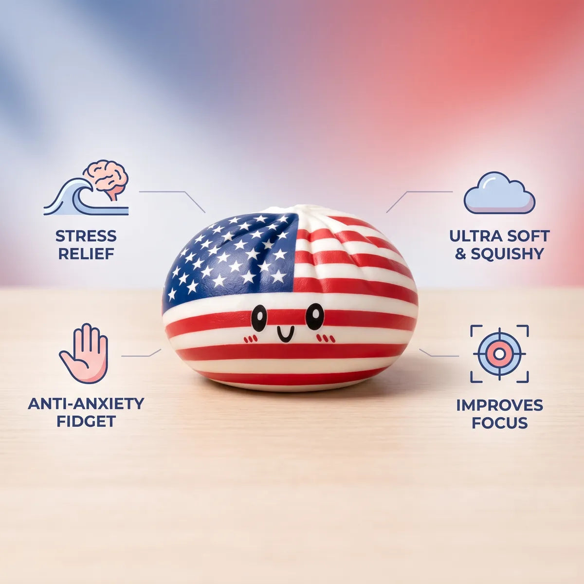 Patriotic 4th July dumpling squishy features and benefits overview chart