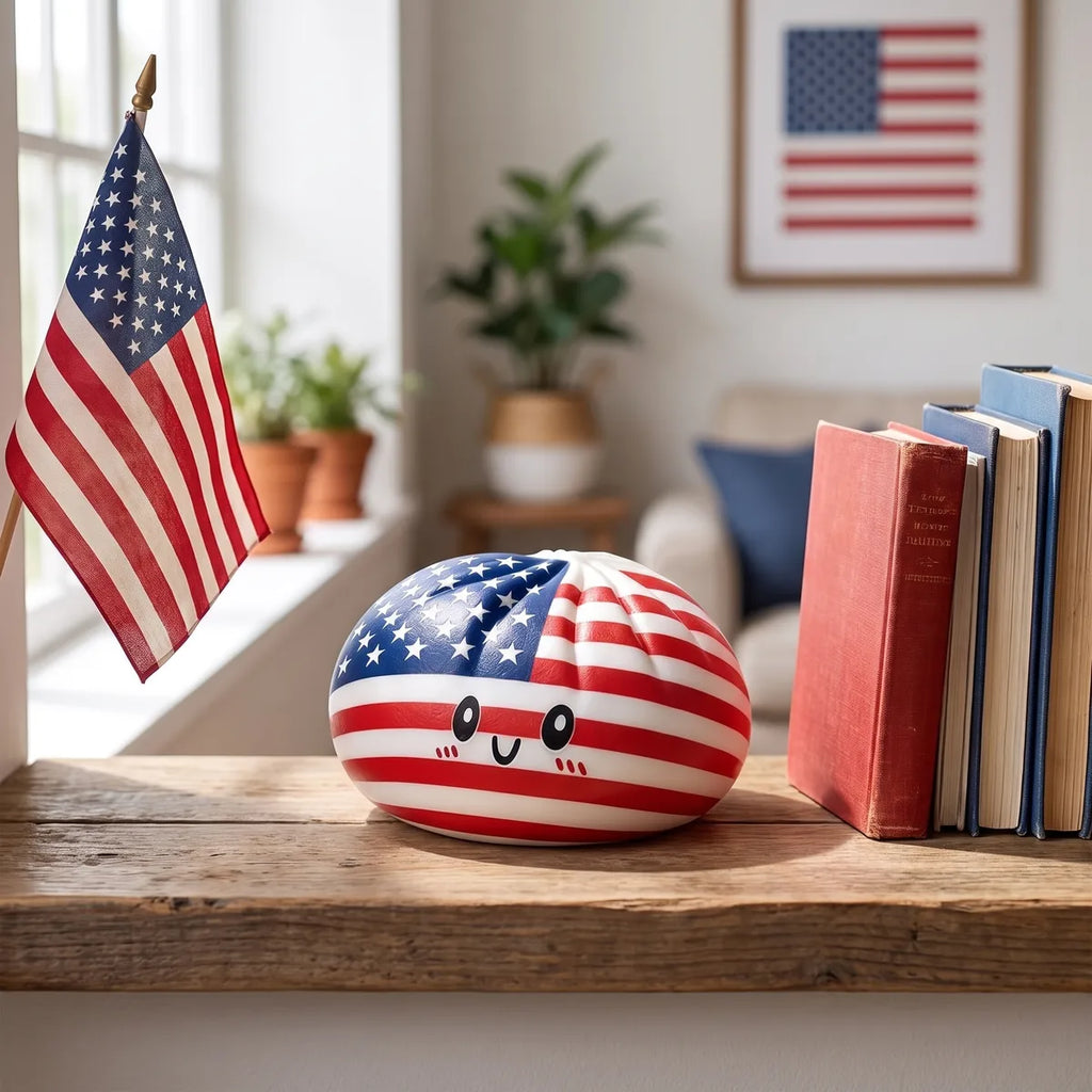 Patriotic 4th July dumpling squishy displayed on an American flag background
