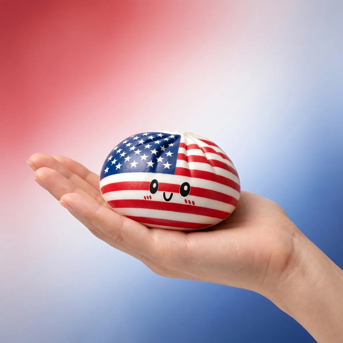 Patriotic 4th July dumpling squishy with American flag design held in an open hand