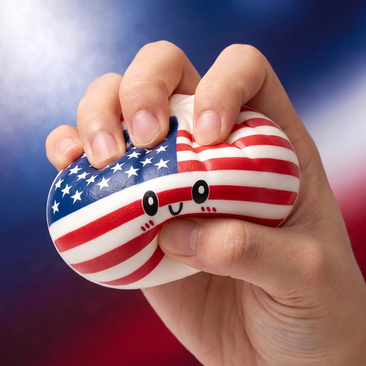 Close-up of the patriotic 4th July dumpling squishy soft TPR texture mid squeeze