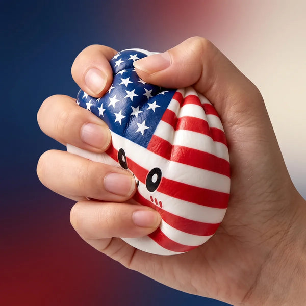 Hand squeezing the patriotic 4th July dumpling squishy showing its slow-rising foam