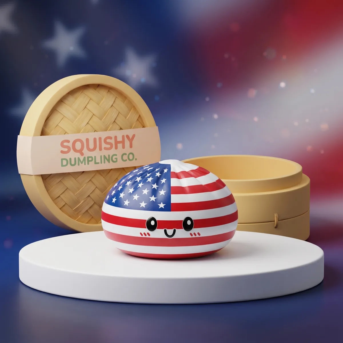 Studio shot of the patriotic 4th July dumpling squishy stars and stripes design Main image