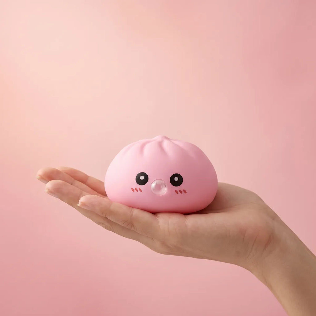 Pink blow dumpling squishy held in hand