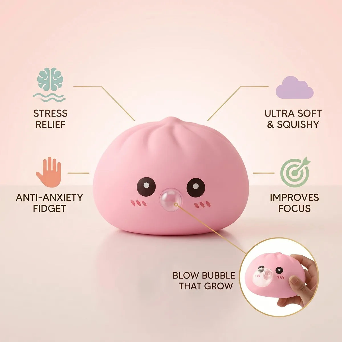 Pink blow dumpling squishy size guide infographic with dimensions