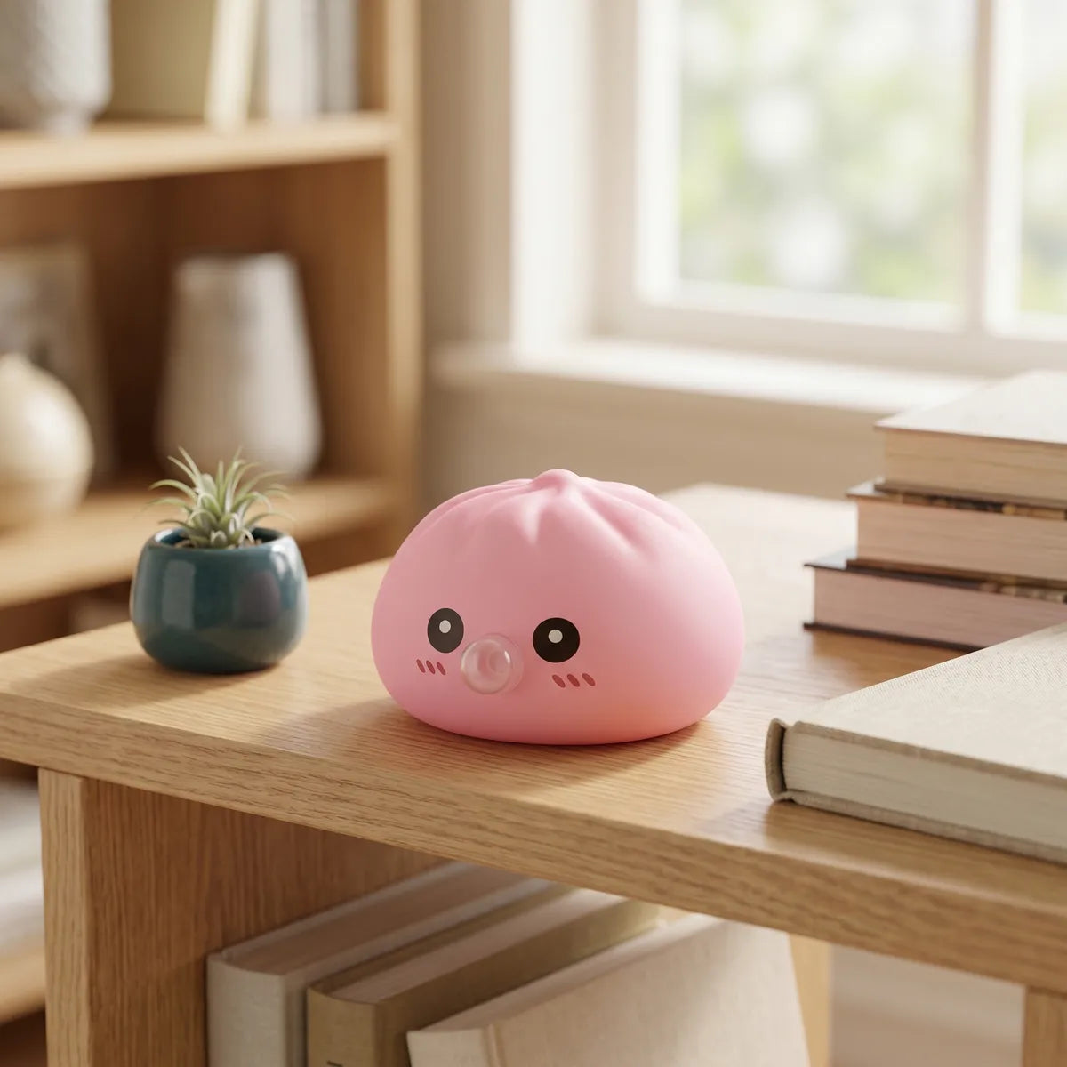 Pink blow dumpling squishy displayed with bamboo steamer