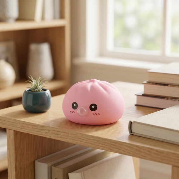 Pink blow dumpling squishy displayed with bamboo steamer