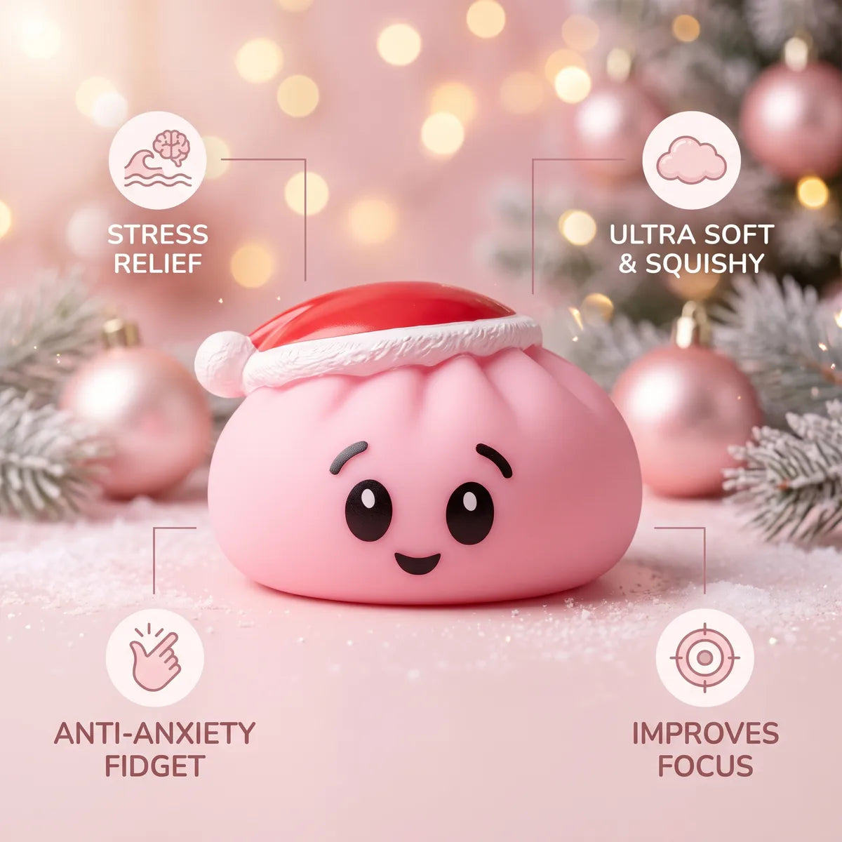 Sugar Pink Christmas Hat Dumpling Squishy infographic: stress relief, ultra soft and squishy, anti-anxiety fidget, improves focus