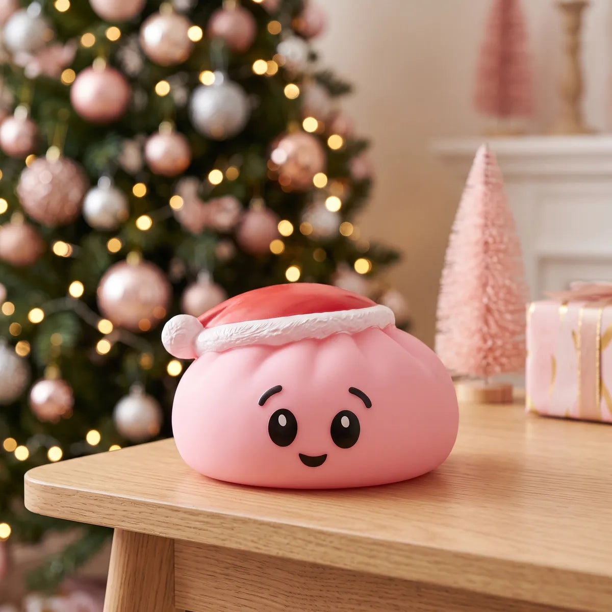 Sugar Pink Christmas Hat Dumpling Squishy displayed on a wooden shelf beside a pink Christmas tree