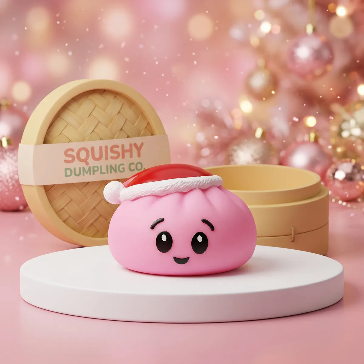 Sugar Pink Christmas Hat Dumpling Squishy on a white studio podium beside a steamer basket