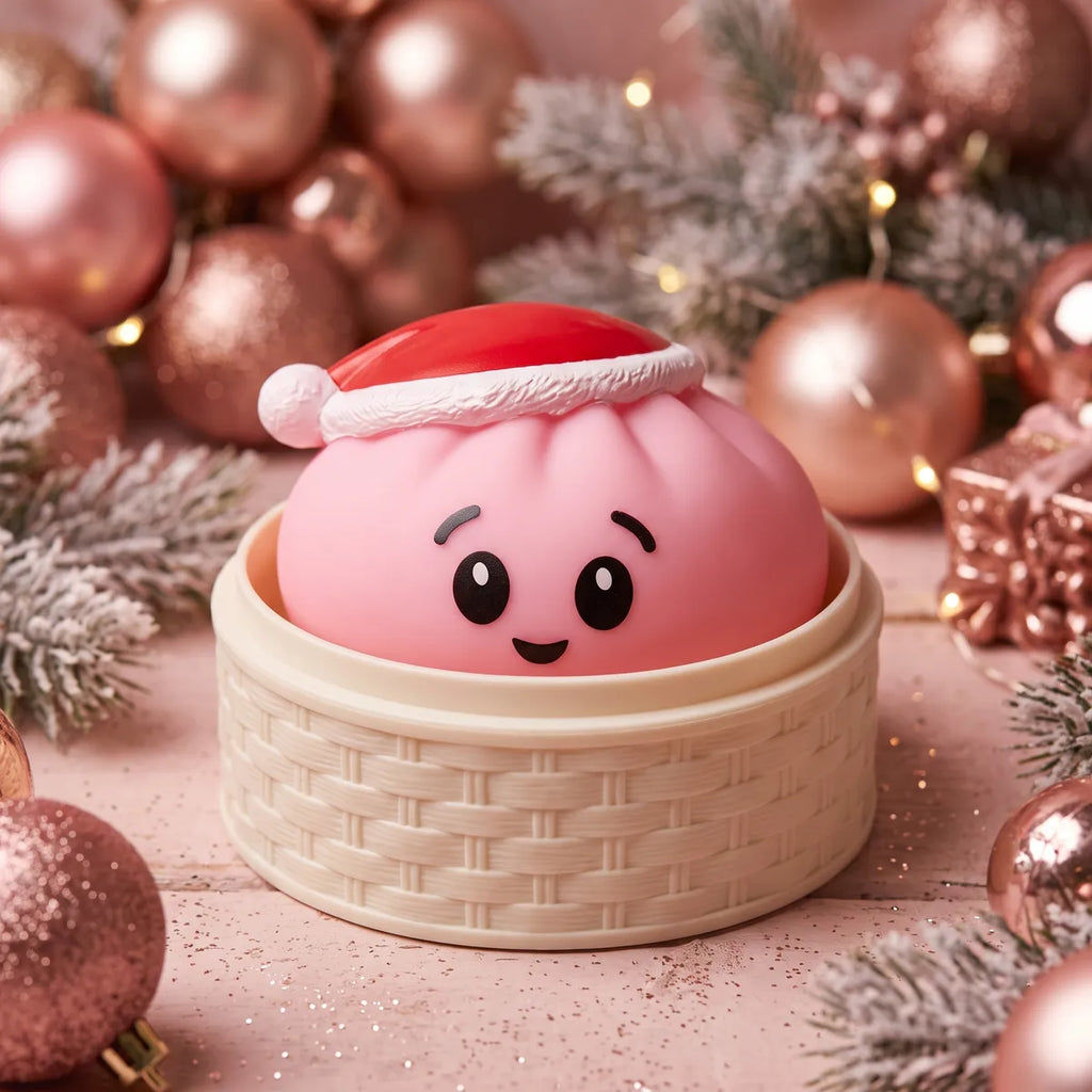 Sugar Pink Christmas Hat Dumpling Squishy sitting inside a round steamer basket