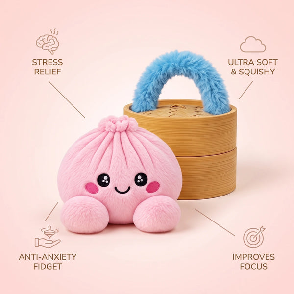 Peony Pink Dumpling Squishy Plush infographic: stress relief, ultra soft and squishy, anti-anxiety fidget, improves focus