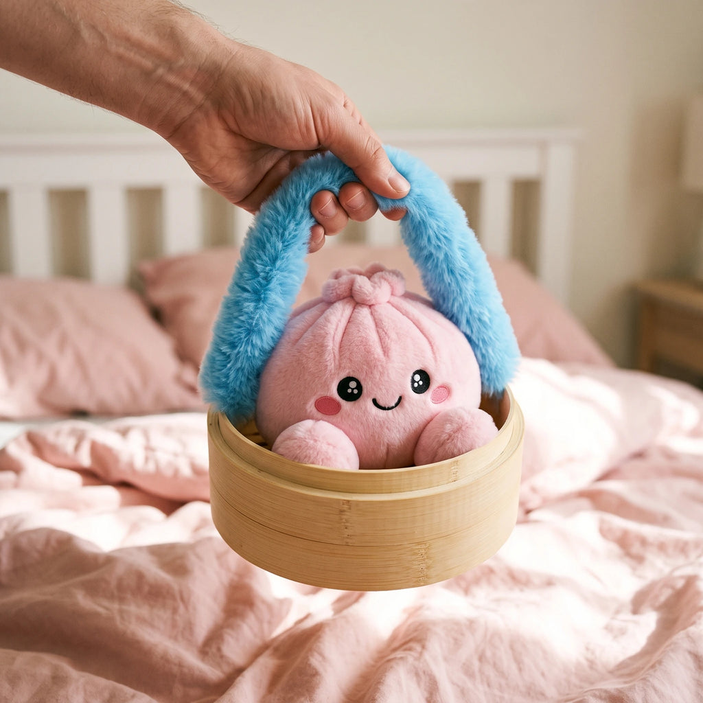 Hand carrying the Peony Pink Dumpling Squishy Plush in its steamer case by the fluffy handle