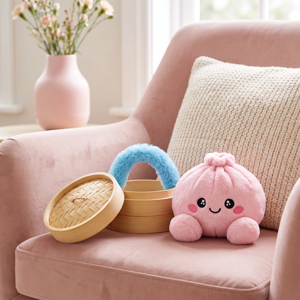 Peony Pink Dumpling Squishy Plush displayed on a pink armchair beside its open steamer