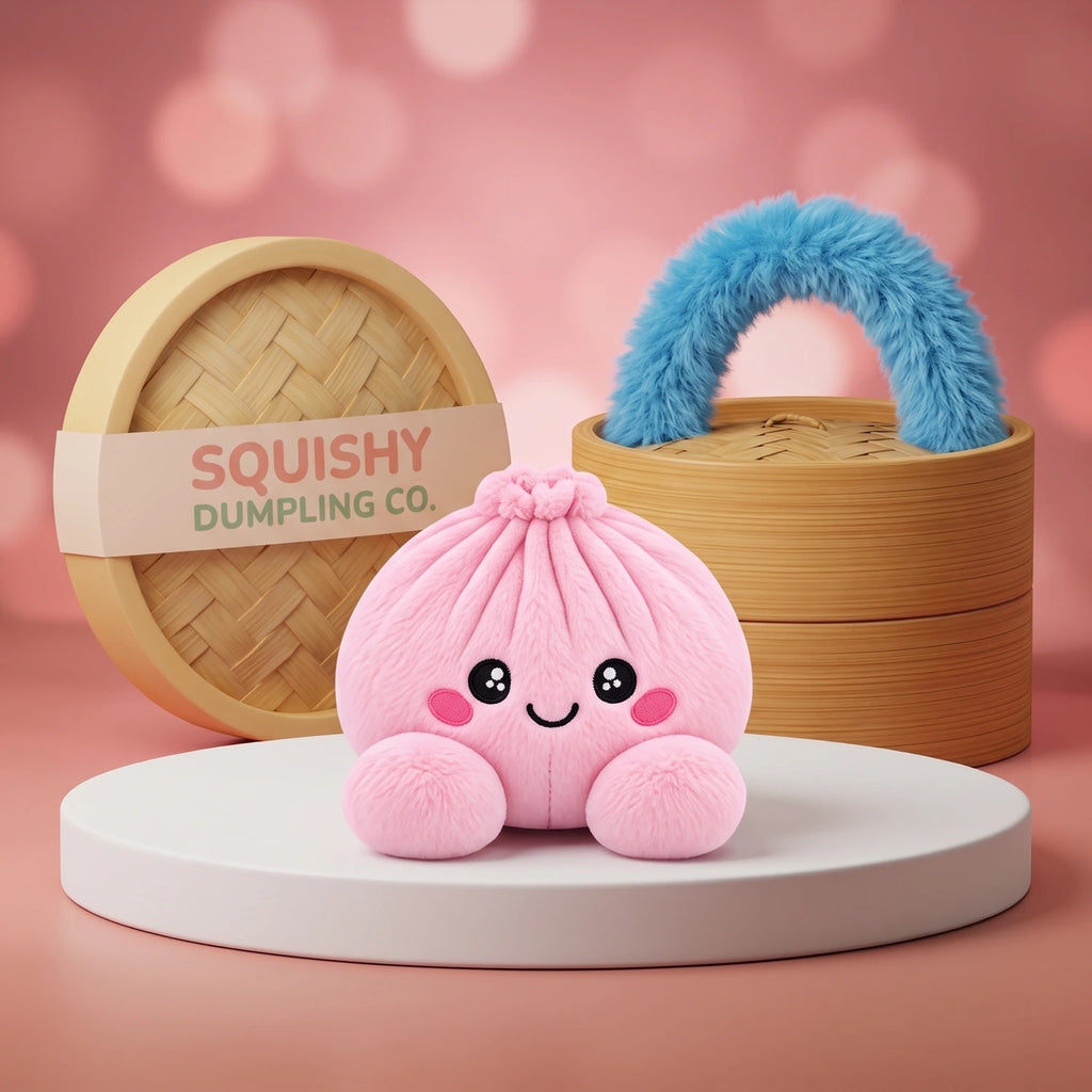 Peony Pink Dumpling Squishy Plush on a white studio podium beside a steamer basket