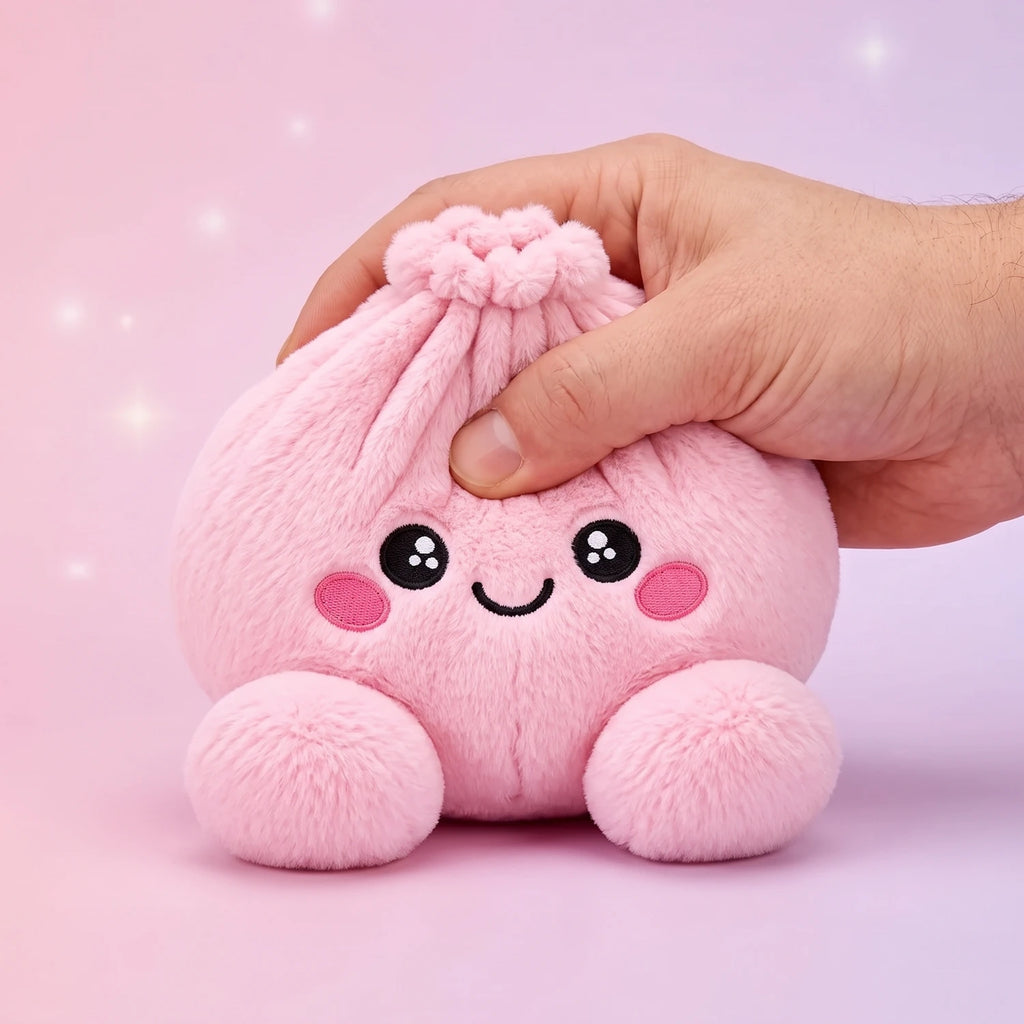 Hand gripping and squishing the Peony Pink Dumpling Squishy Plush