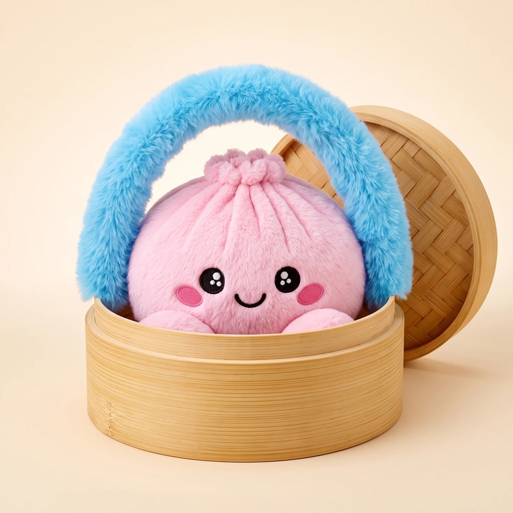 Peony Pink Dumpling Squishy Plush sitting in its bamboo steamer carry case with a fluffy blue handle