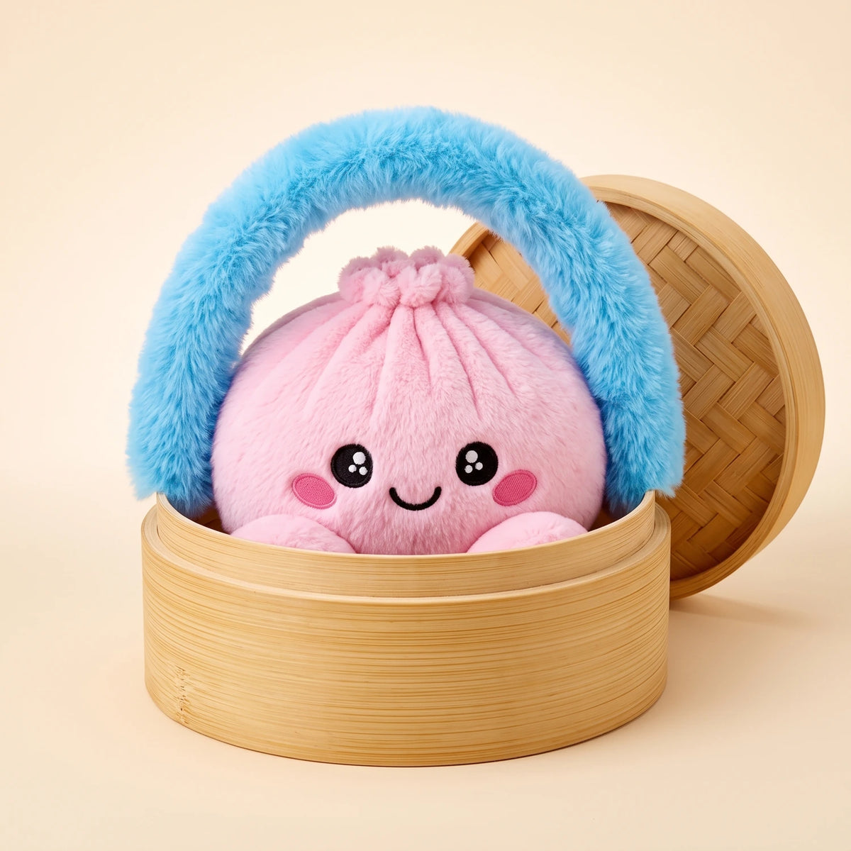 Peony Pink Dumpling Squishy Plush sitting in its bamboo steamer carry case with a fluffy blue handle
