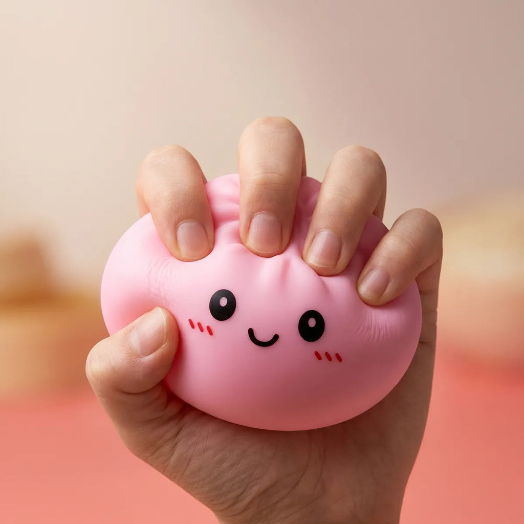 Hands playing with the pink dumplings squishy stress toy