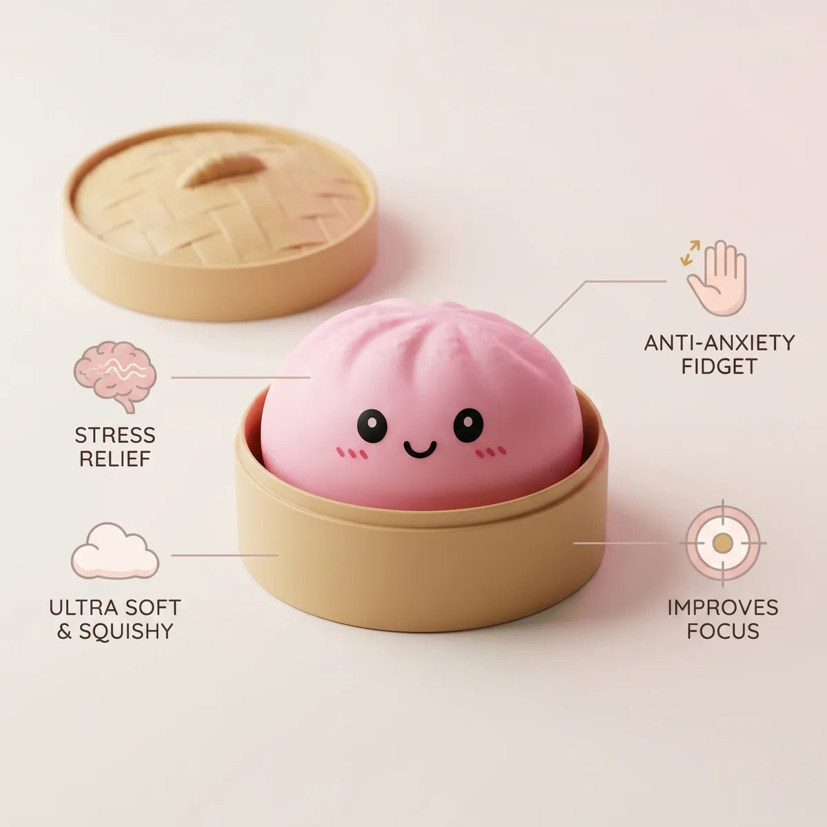 Pink dumplings squishy size guide infographic with dimensions