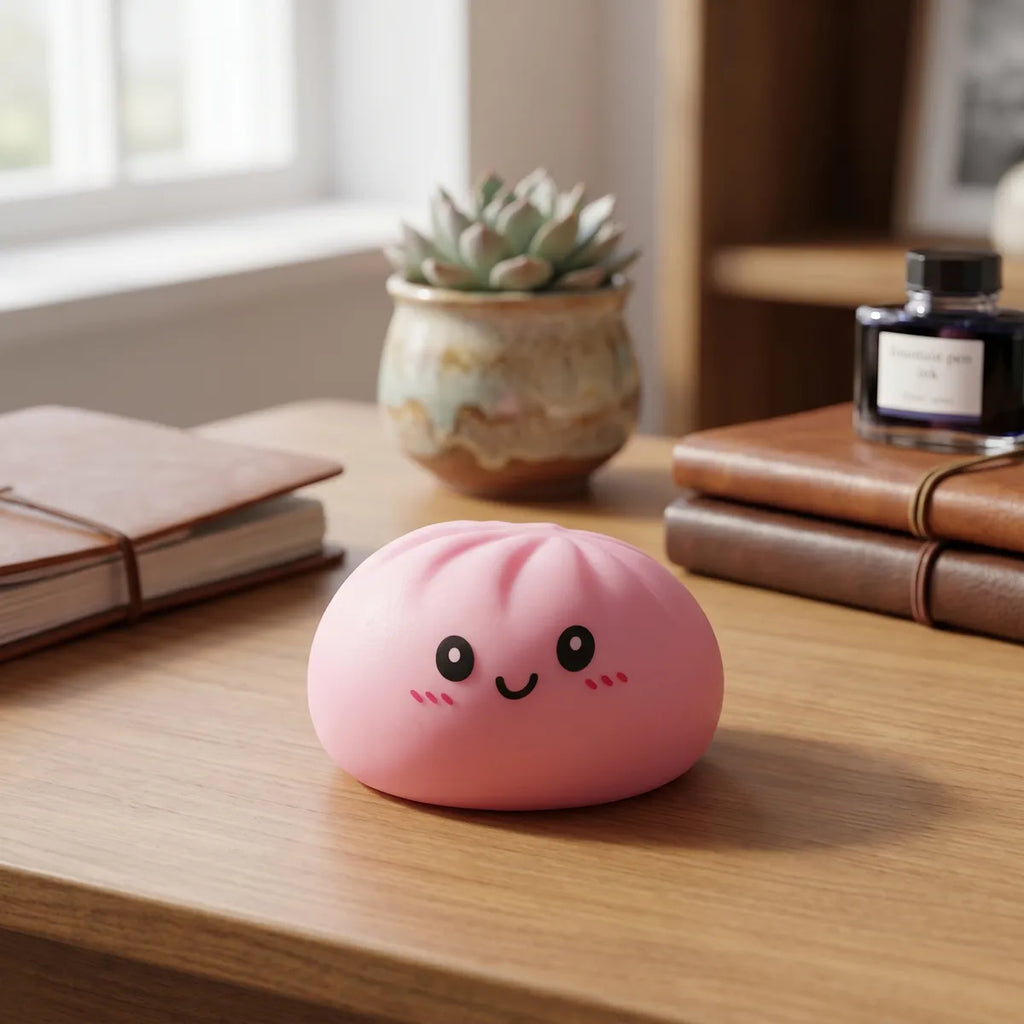 Pink dumplings squishy displayed with bamboo steamer