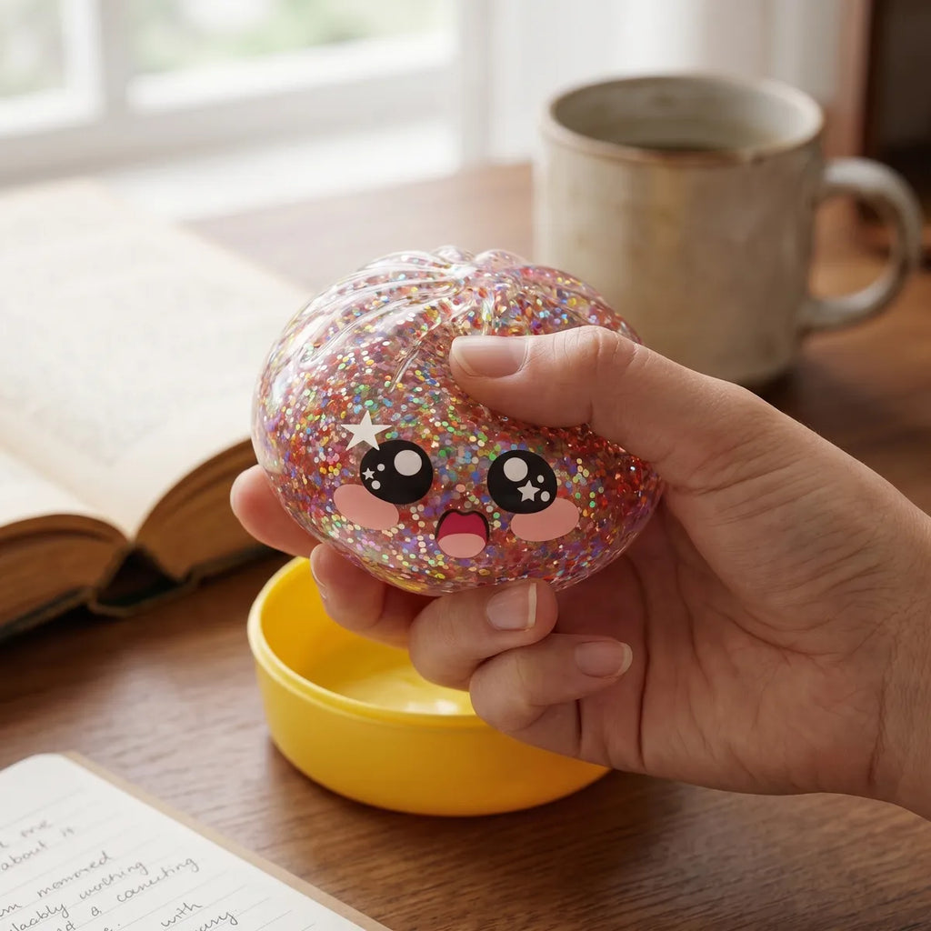 Pink galaxy dumpling squishy styled as cute desk decor