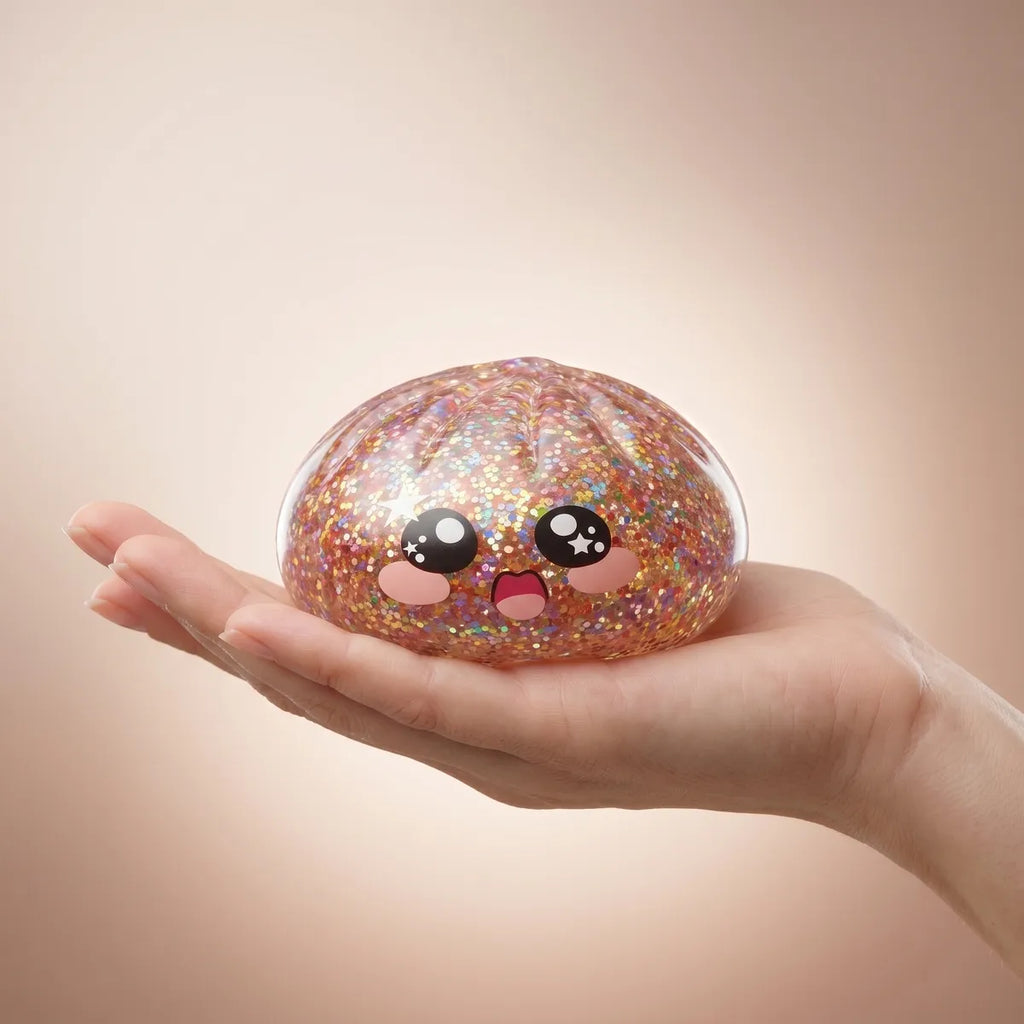 Pink galaxy dumpling squishy held in hand lifestyle shot