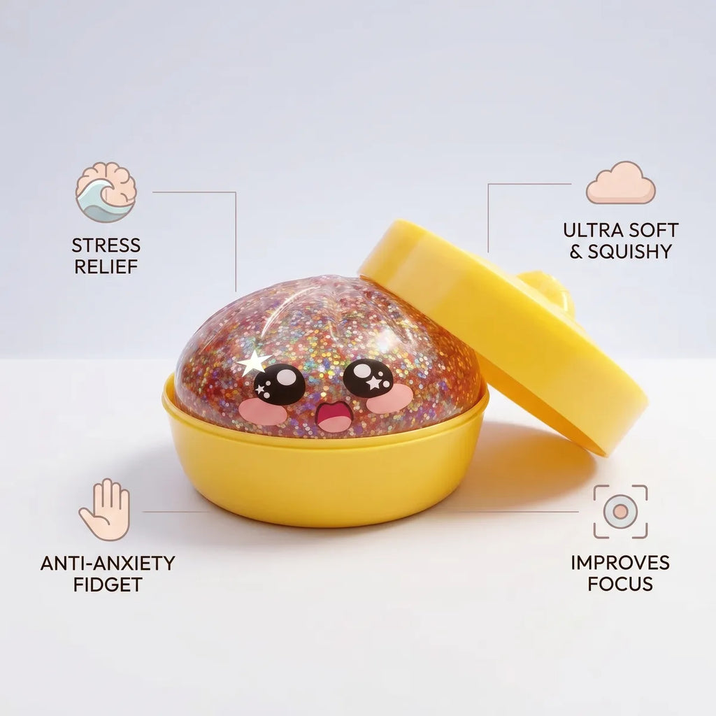 Pink galaxy dumpling squishy size guide infographic with dimensions