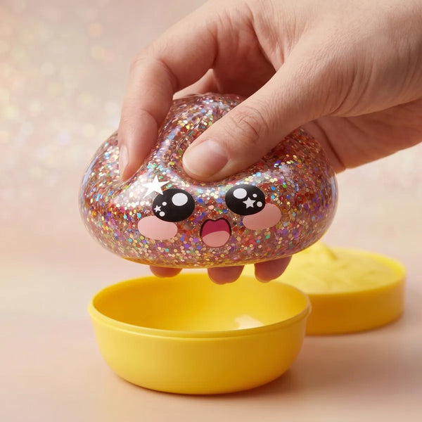 Pink galaxy dumpling squishy being squeezed showing slow rising foam