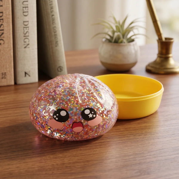 Pink galaxy dumpling squishy displayed with bamboo steamer