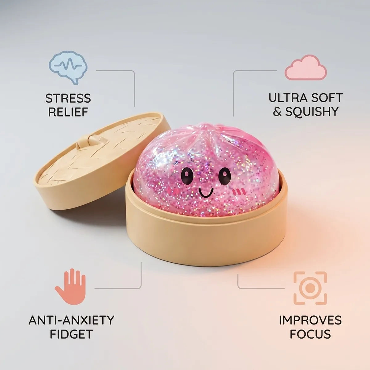Pink glitter dumpling squishy features and benefits