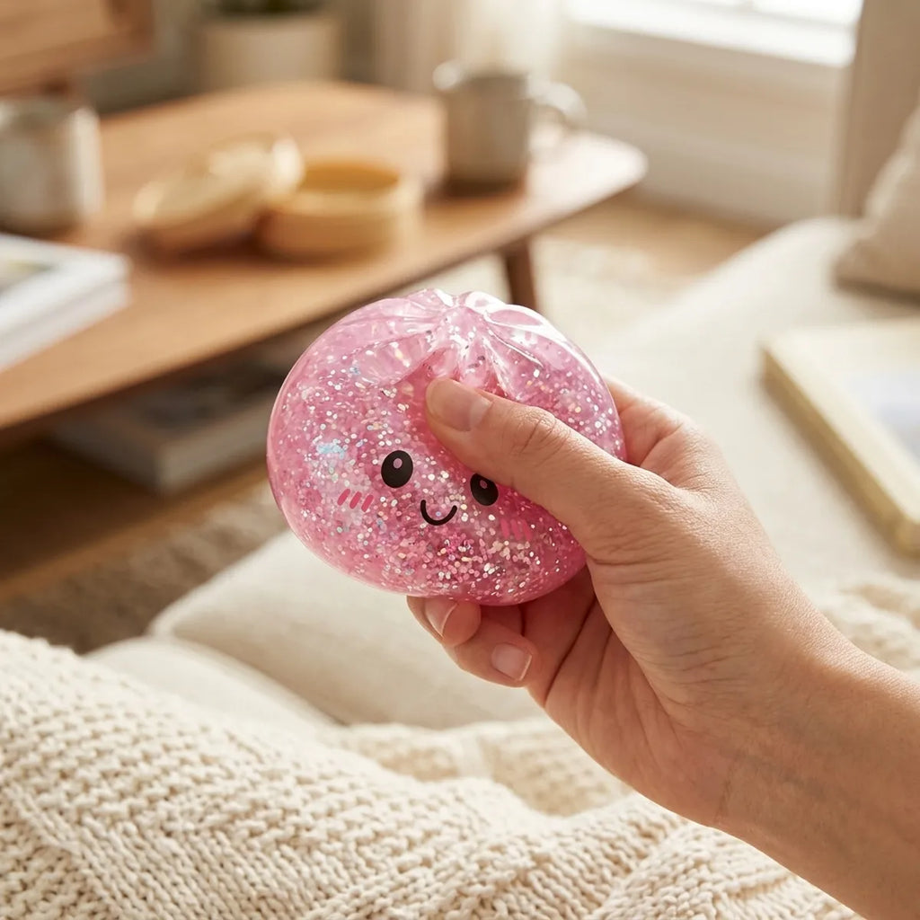 Person playing with a pink glitter dumpling squishy for stress relief