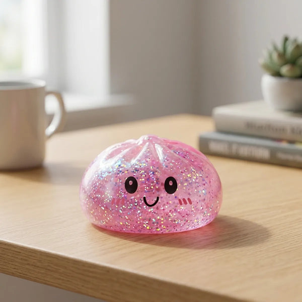 Pink glitter dumpling squishy displayed on a desk surface