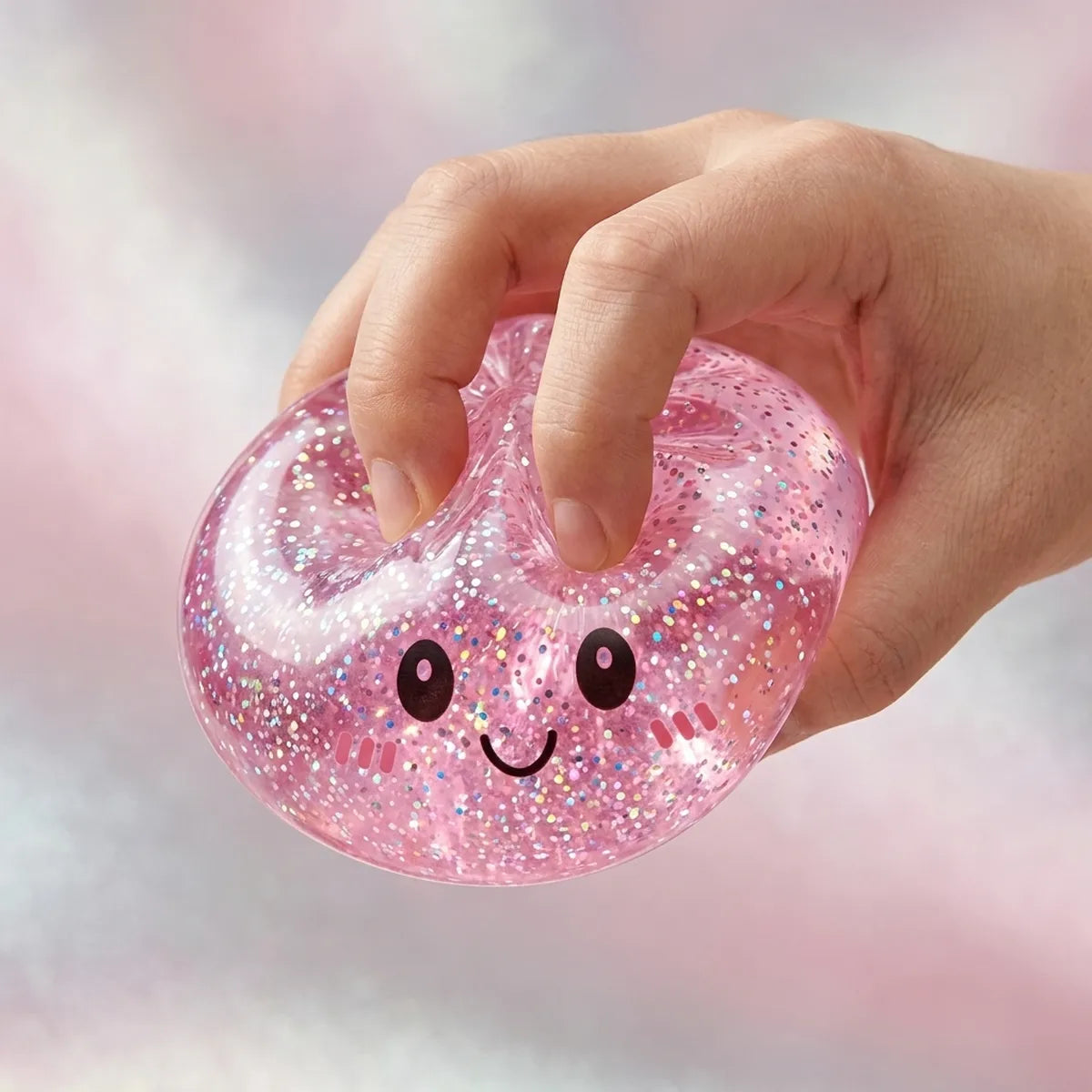 Hand squeezing the slow-rise pink glitter dumpling squishy