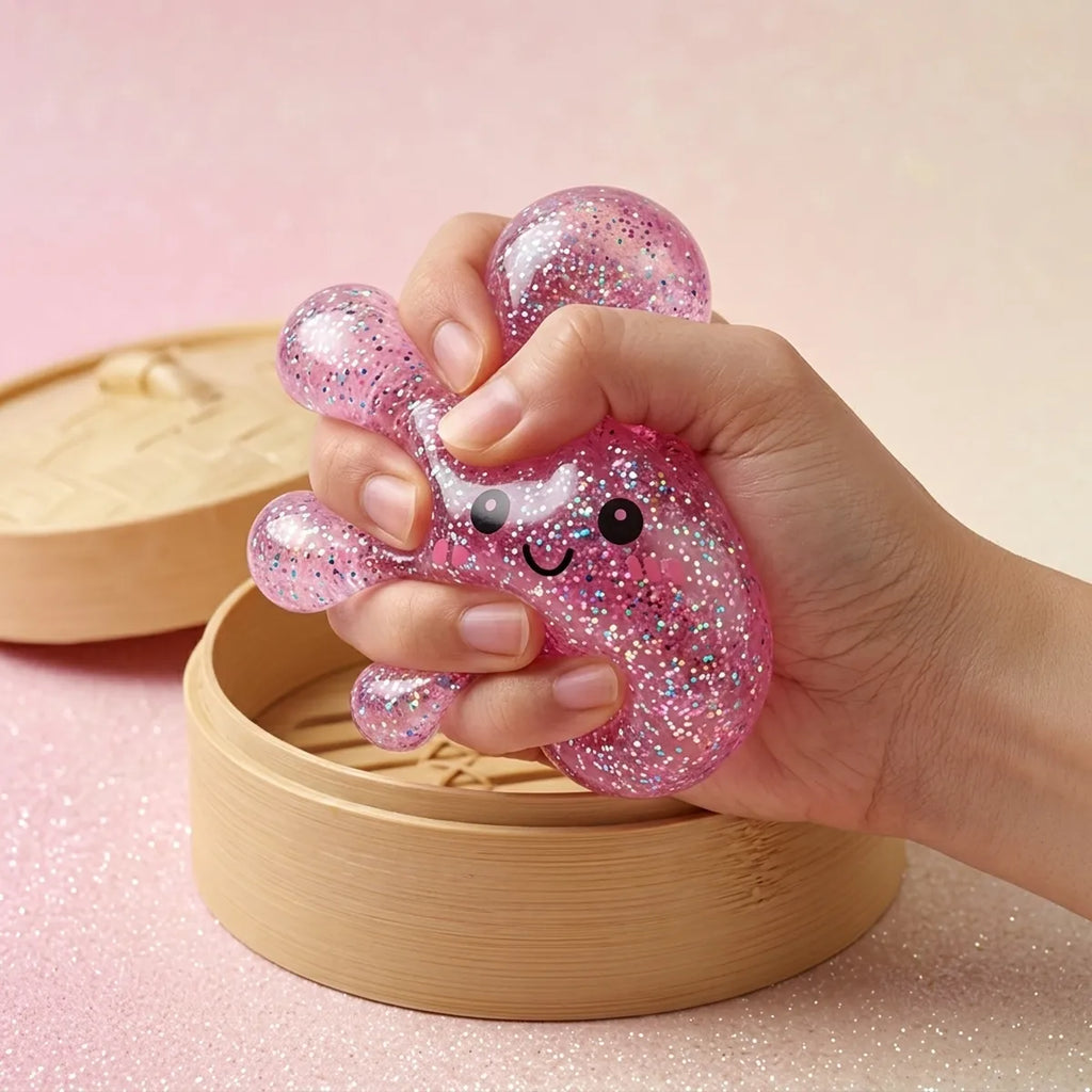 Close-up of fingers pressing the pink glitter dumpling squishy