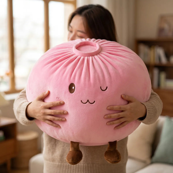 Person hugging the pink large dumpling squishy plush pillow