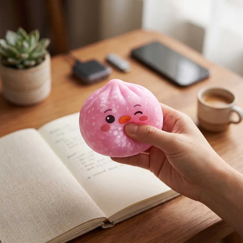 Person squeezing the pink penguin dumpling squishy as a desk fidget toy