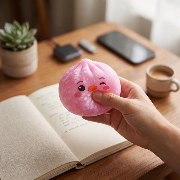 Person squeezing the pink penguin dumpling squishy as a desk fidget toy