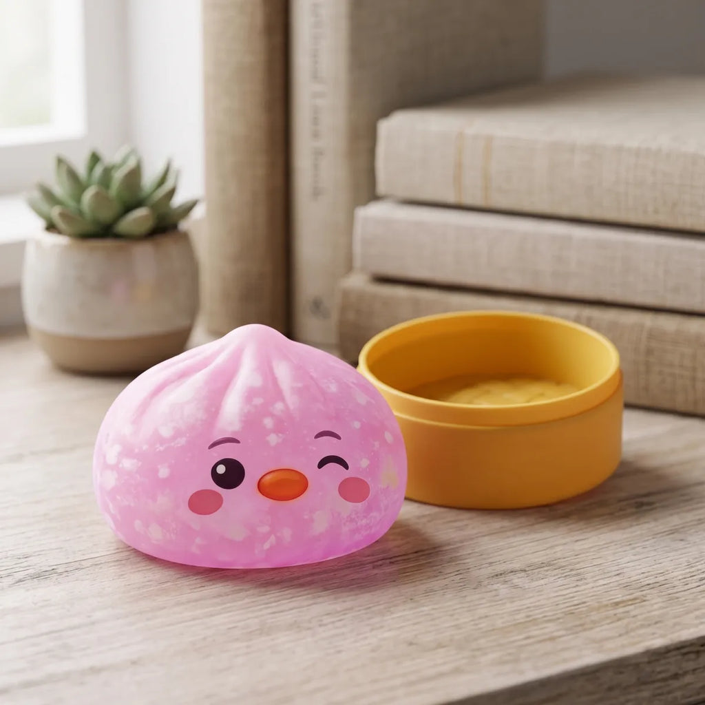 Pink penguin dumpling squishy resting on a soft rose surface