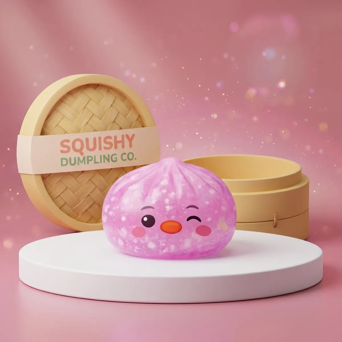 Pink penguin dumpling squishy in marbled candy pink winking on a white podium